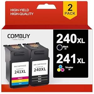 COMBUY Remanufactured Ink Cartridge Replacement for Canon 240XL 241XL PG-240XL CL-241XL 240 XL 241 XL Ink for Pixma MG3620 TS5120 MG2120 MG3520 MX452 MX512 Printer (1 Black, 1 Tri-Color)