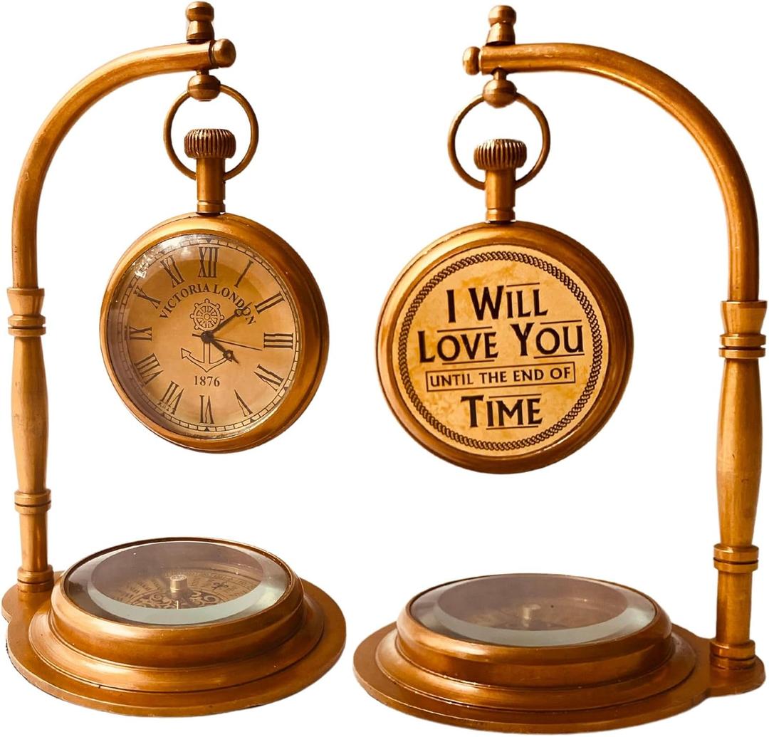 ALADEAN Brass Table Clock with Compass | Romantic Desk Clock - Decorative Vintage Mechanical Clock Lovers Boyfriend/Husband Birthday/Wedding Gifts (Love You)