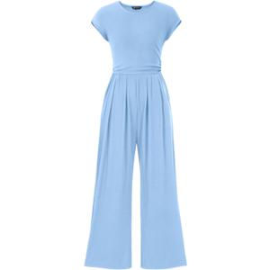 PRETTYGARDEN Summer Jumpsuits for Women Dressy 2026 Ribbed Cap Sleeve Wide Leg Pants Rompers Elegant Casual One Piece Outfits (Medium, Light Blue)