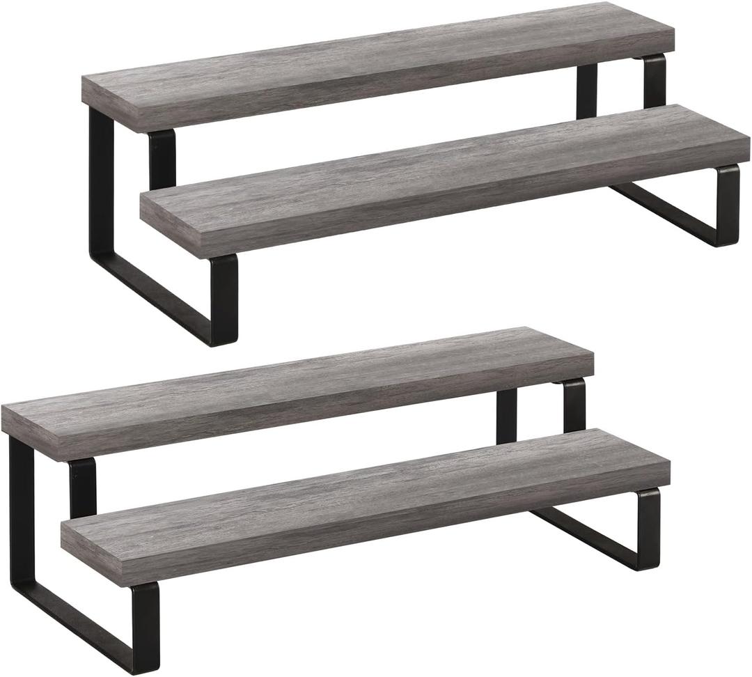 YINMIT Wooden Display Riser Stand, Tiered Perfume and Cologne Organizer Stand, 2 Tier Spice Rack Organizer, Rustic Display Shelf for Candles (2 Tier,2 Pack,Grey)