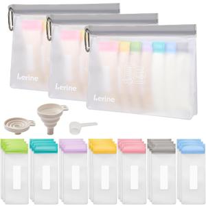 Lerine Protein Powder Travel Container Set, Reusable Protein Powder Container To Go, 21Pcs Single Dose Bags & 3Pcs Large Zip Bags, Portable Supplement Storage Containers with Funnel, Spoon