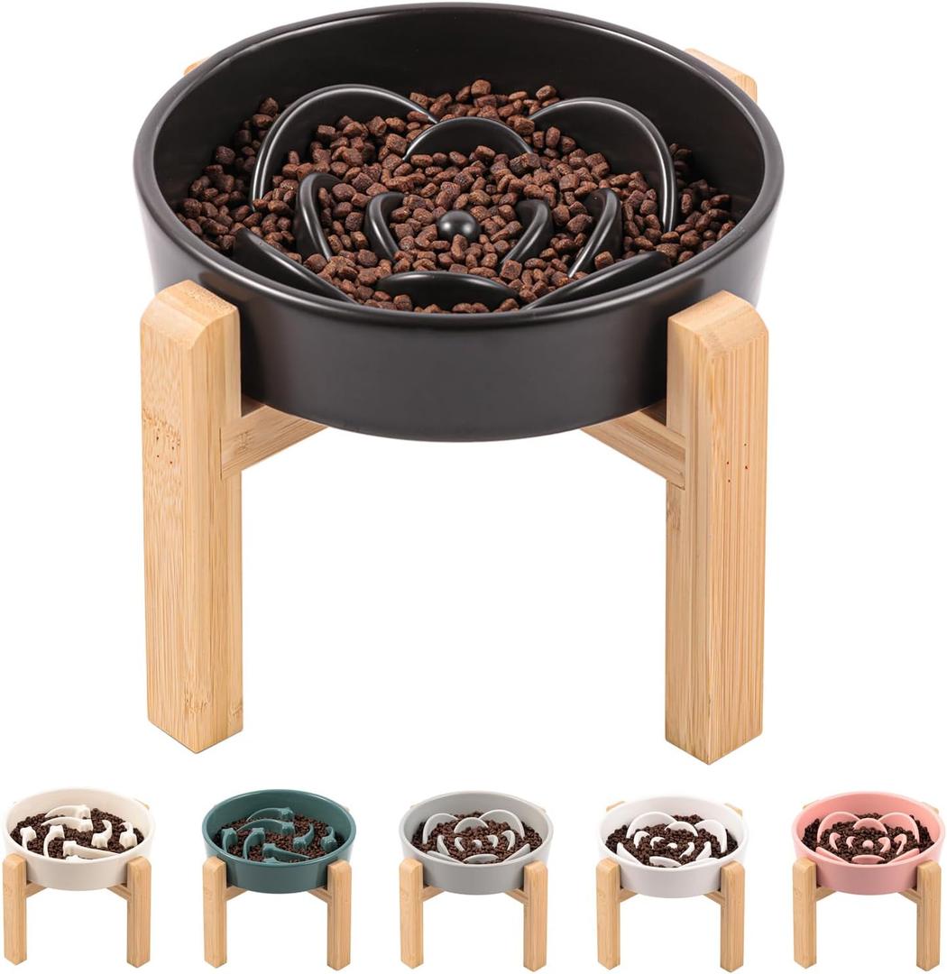 Black Ceramic Dog Bowl Slow Feeder for Medium and Large Breed,Elevated/Raised 1.5 Cup 8.26 in Slow Feeding Bowl,Puzzle Dog Food Bowl for Fast Eater,Maze Dish for Fast Eater
