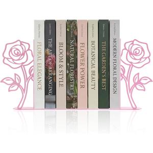 Metal Rose Flower Bookends  Novelty Book Ends with Rose Design, Floral Shelf Decor Decorative Bookends for Shelves Ideal Gift for Book Lovers (Pink)