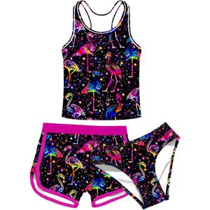 Enlifety 8-18T Kids Girls Swimsuit 3 Piece Bathing Suit Tankini with Shorts (11-12 Years, Flamingo)