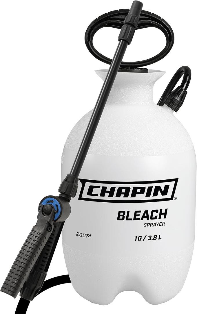Chapin 20074: Made in the USA Disinfectant Bleach Sprayer, 1-Gallon, Adjustable Cone Nozzle, Compatible with Bleach Solutions and Fungicides, Bonus Spray Shield, Translucent White