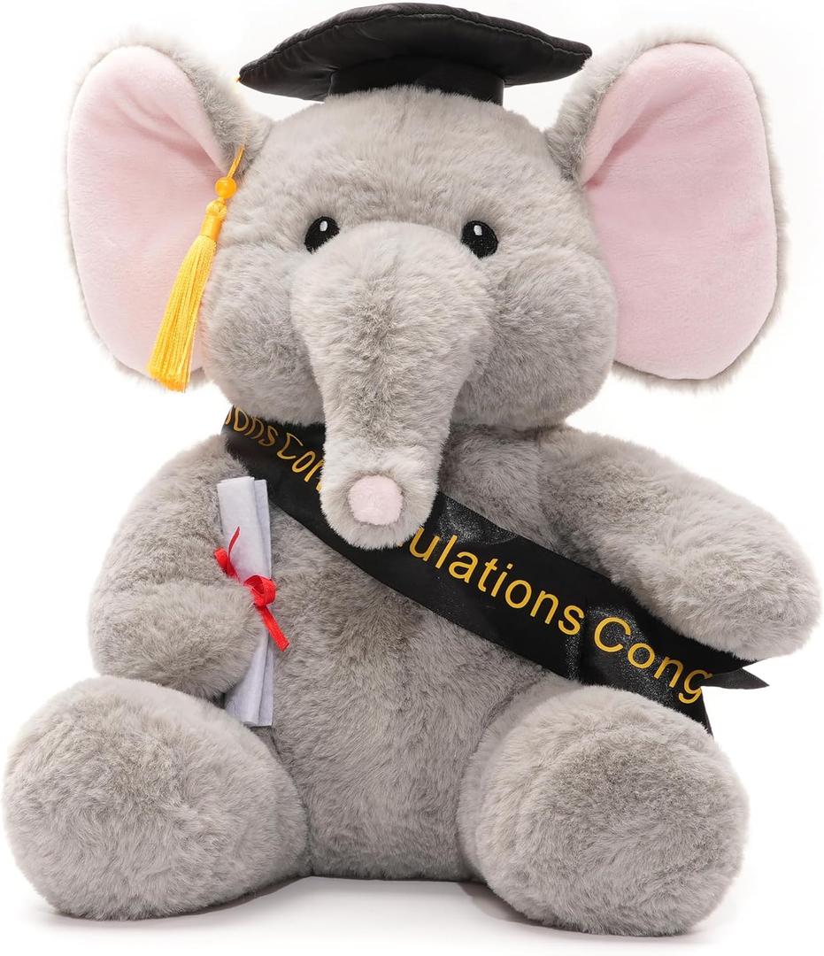 WEIGEDU Graduation Gift Elephant Teddy Bear Stuffed Animal Plush Toy with Cap, Sash & Diploma, Graduation Gift for Kids, Students, Boys & Girls, 12 Inch