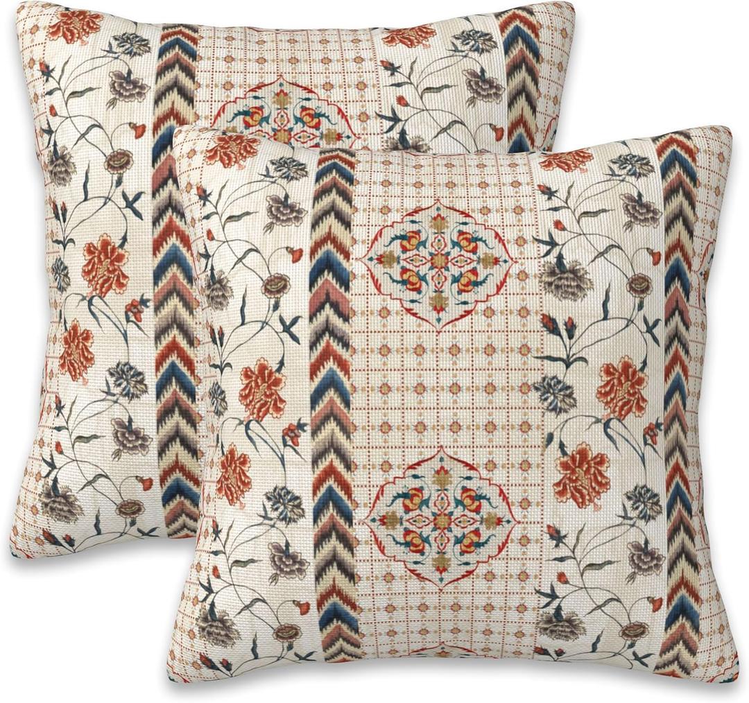 Throw Pillow Covers Boho Floral Pillow Covers 16x16 Inch Set of 2 Throw Pillows Decorative Pillow Cases Cushion Covers for Bedroom Livingroom Sofa Farm House