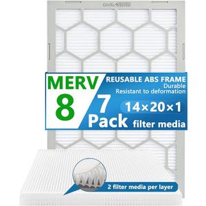 2 Pack OlitAir 14x20x1 MERV 8 Air Filter,AC Furnace Air Filter,Reusable ABS Plastic Frame, 7 Pack Replaceable Filter Media (Actual Size: 13 3/4" x 19 3/4" x 3/4")