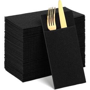 60 Pcs Black Linen-Feel Paper Napkins with Built-in Flatware Pocket, Pocket Linen Napkin Prefolded Cloth Like Paper Napkins Bulk for New Year Silverware Birthday Bathroom Weddings Party