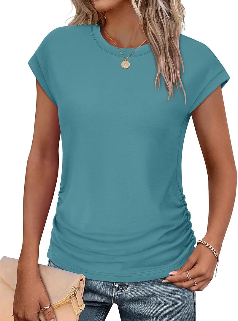 SAMPEEL Womens Summer Tops Trendy 2025 Ruched Cap Short Sleeve Tshirts Shirts Crew Neck T Shirts Fashion (Large)