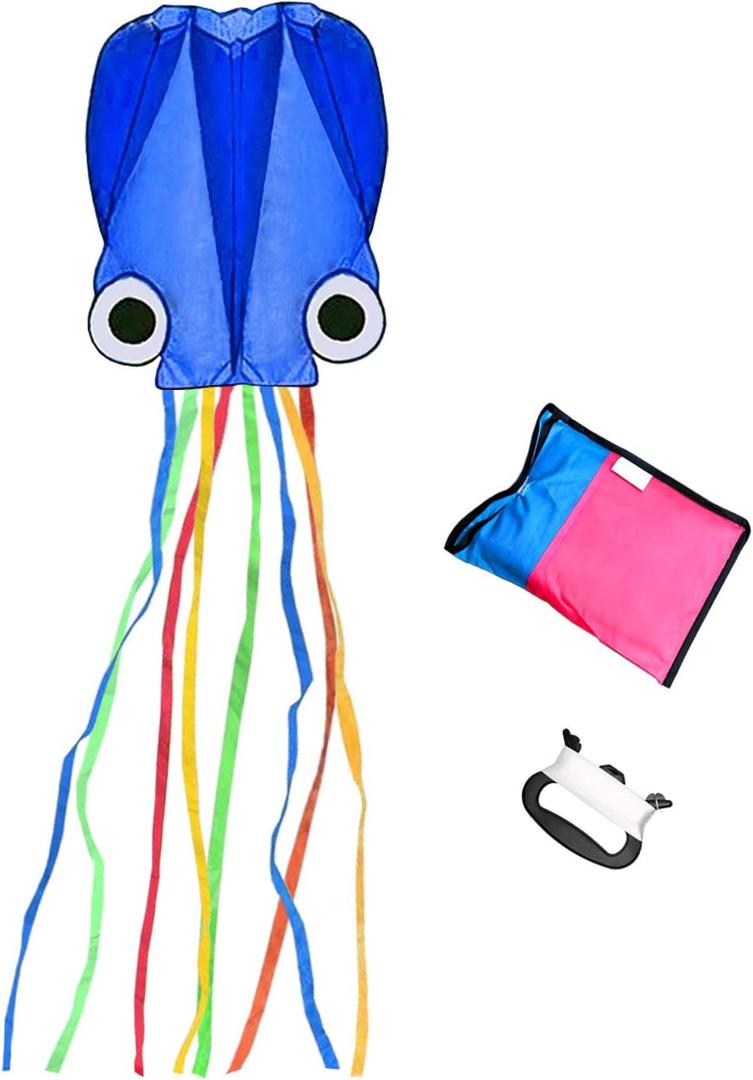 Kite Mollusc Octopus Kites for Kids Ages 4-8 and Kites for Adults Easy to Fly Kites Long Colorful Tail with Handle 300ft Kite String for Beginner Outdoor Game and Gift. (Blue)