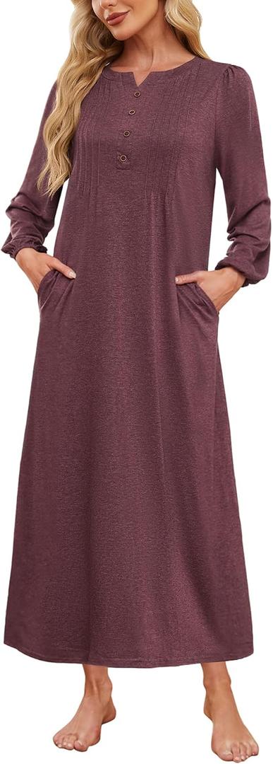 Womens Cotton Long Sleeve Nightgowns Soft Ladies Sleep Shirts Button V Neck Full Length Night Shirts Sleepwear with Pockets (Red, XL)