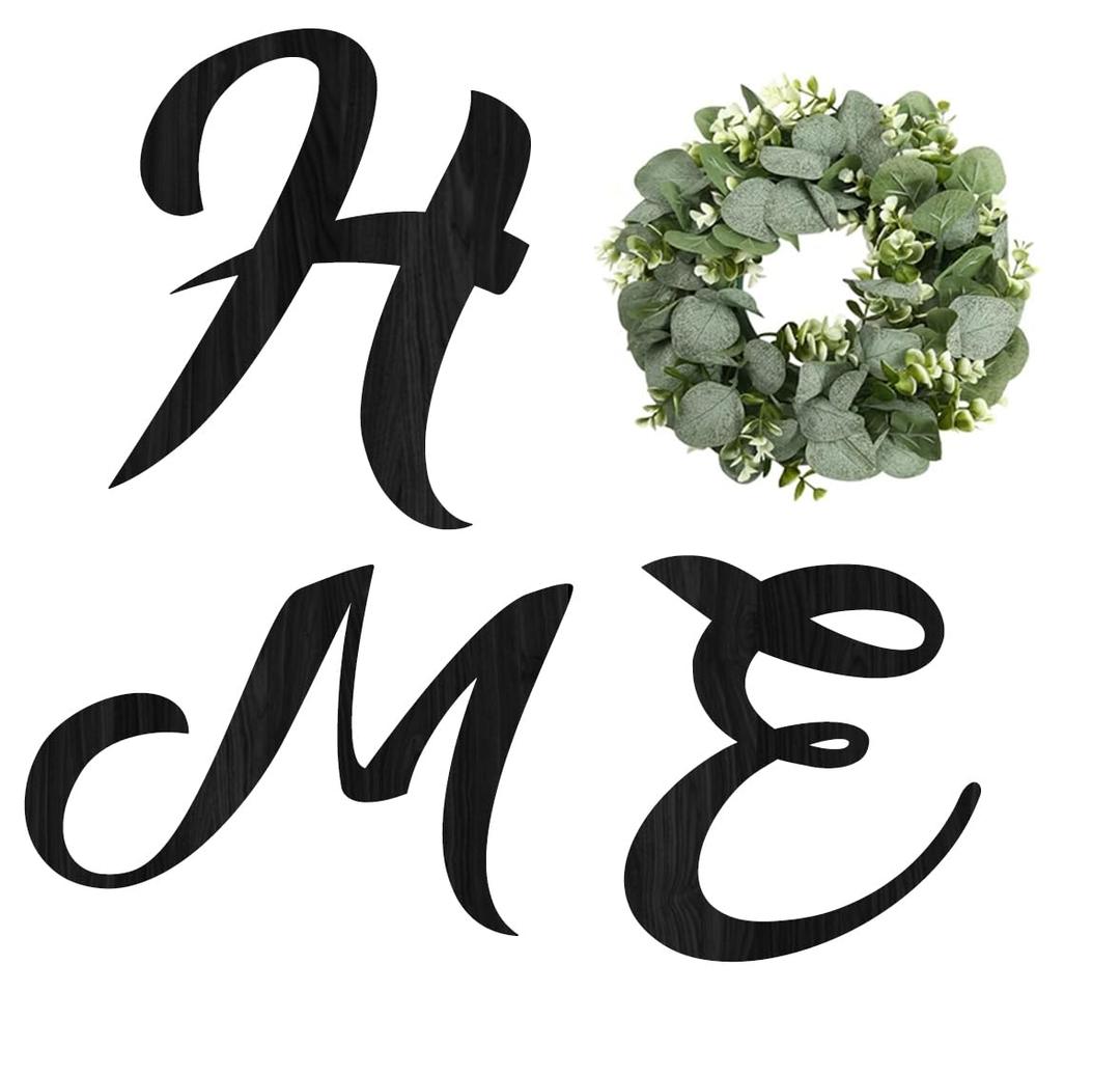 Pinkpum Wood Home Sign with Artificial Eucalyptus Wreath for O, Hanging Farmhouse Wall House Decor Wood Letters for Wall Art Rustic Home Decor, Wall Decor for Living Room Kitchen Entryway (Black)