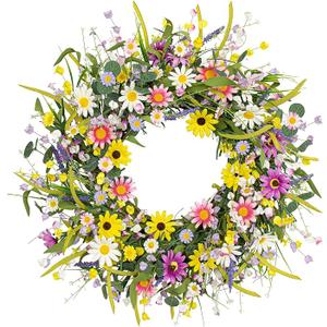 Yawwind 22 Inches Summer Wreaths for Front Door Spring Flower Wreaths Summer Door Wreath Colorful Wildflower Wreath with Daisy Lavender for Window Indoors Outdoor Decor