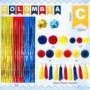 Colombia Decorations Colombia Flag Party Decorations Set Red Blue Yellow 12" 10" Tissue Flower Paper Pom Poms 8" Paper Fan Tassels Foil Curtain Backdrop Banner for Birthday Party Supply