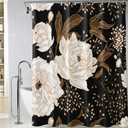 Black Gold White Floral Shower Curtains, Waterproof Fabric Watercolor Black Flowers Bathroom Boho Shower Curtain with 12 Hooks, Black Gold Plant Leaf Shower Curtain 72 x 72 Inch