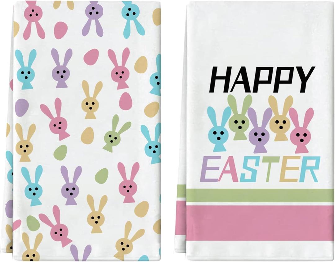 CAIBO Easter Kitchen Towels Set of 2 Cartoon Rabbit Bunny Dish Towel Tea Towels for Kitchen 16x27 Inch Spring Holiday Cooking Baking Cleaning