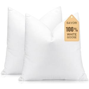 SAVORI Set of 2 Down and Feather Throw Pillow Inserts 26x26 Soft Fluffy Pillow Inserts with 100% Down-Proof Cotton Cover, Decorative Square Cushion Inner for Sofa Couch Bed-White