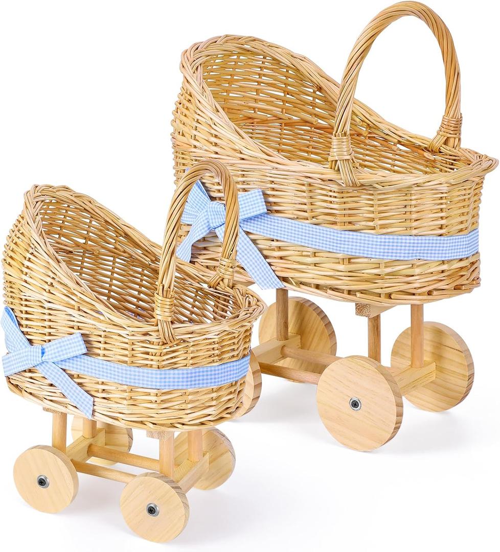 2PC Wicker Carriage Flower Basket, Willow Centerpiece Decor Wooden Wheels