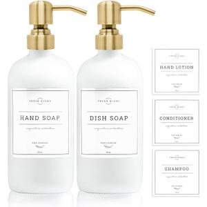 Vine Creations White Glass Soap Dispenser, 2 Pack Kitchen Soap Dispenser Set with Stainless Steel Pump, 16 oz Dish Soap and Hand Soap Dispensers for Bathroom with Waterproof Labels