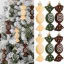 Threan 12 Pcs Velvet Christmas Candy Ornaments 3.9 x 1.6 Inches Xmas Tree Peppermint Ornament with Rope Flocked Glitter Hanging Candy Cane Decoration for Christmas New Year Decor (Brown, Beige, Green)