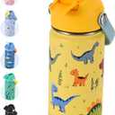 Kids Water Bottle 14oz with Silicone Straw Lid - Insulated Toddler Water Bottle Stainless Steel Keeps Cold 24H, Leak Proof & Dinosaur Prints Design | Custom Name Tag for School, Daycare, Travel