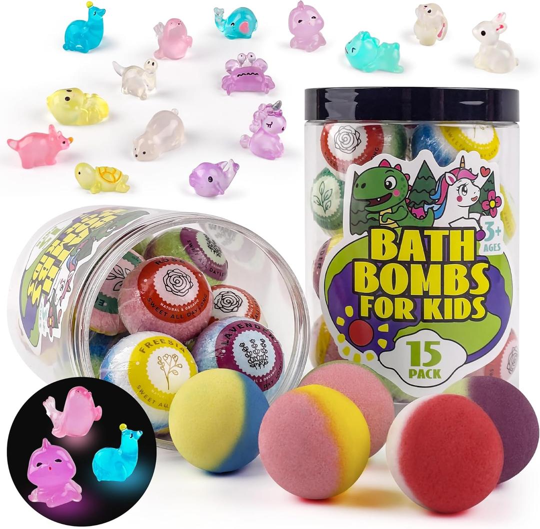 Bath Bombs for Kids with Surprise Inside, 15-Piece Surprise Bath Bombs for Kids, Jar Gift Set with Hidden Toys, Natural Organic Fizzies for Girls and Boys