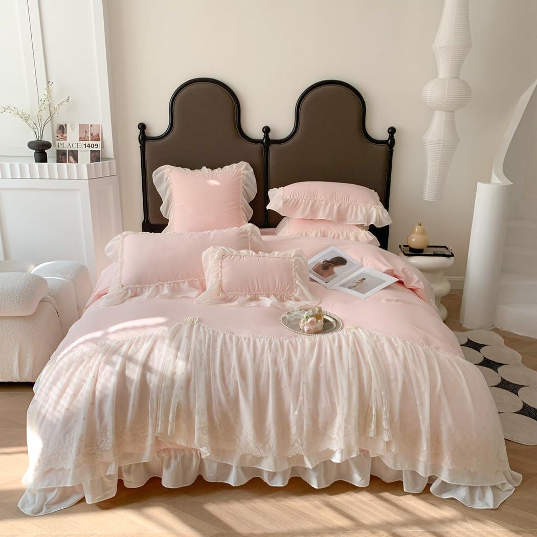IHOUSTRIY Lace Duvet Cover Full Size, Chiffon Ruffled Beddding Set with Flower, 3 Pieces Comforter Cover Set with Zipper Closure, Girl Princess Bedding with Pillowcase - Pink, Full