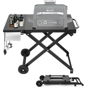 Grill Cart for Ninja OG701 OG751 OG700 Series, Collapsible Grill Stand for Ninja Woodfire Grill, BBQ Cart with Side Table, Tissue Holder and 4 Hooks