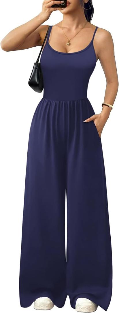 Ekouaer Jumpsuits for Women Sleeveless Spaghetti Strap Womens Jumpsuit One Piece Wide Leg Summer Romper With Pockets 2026, Medium