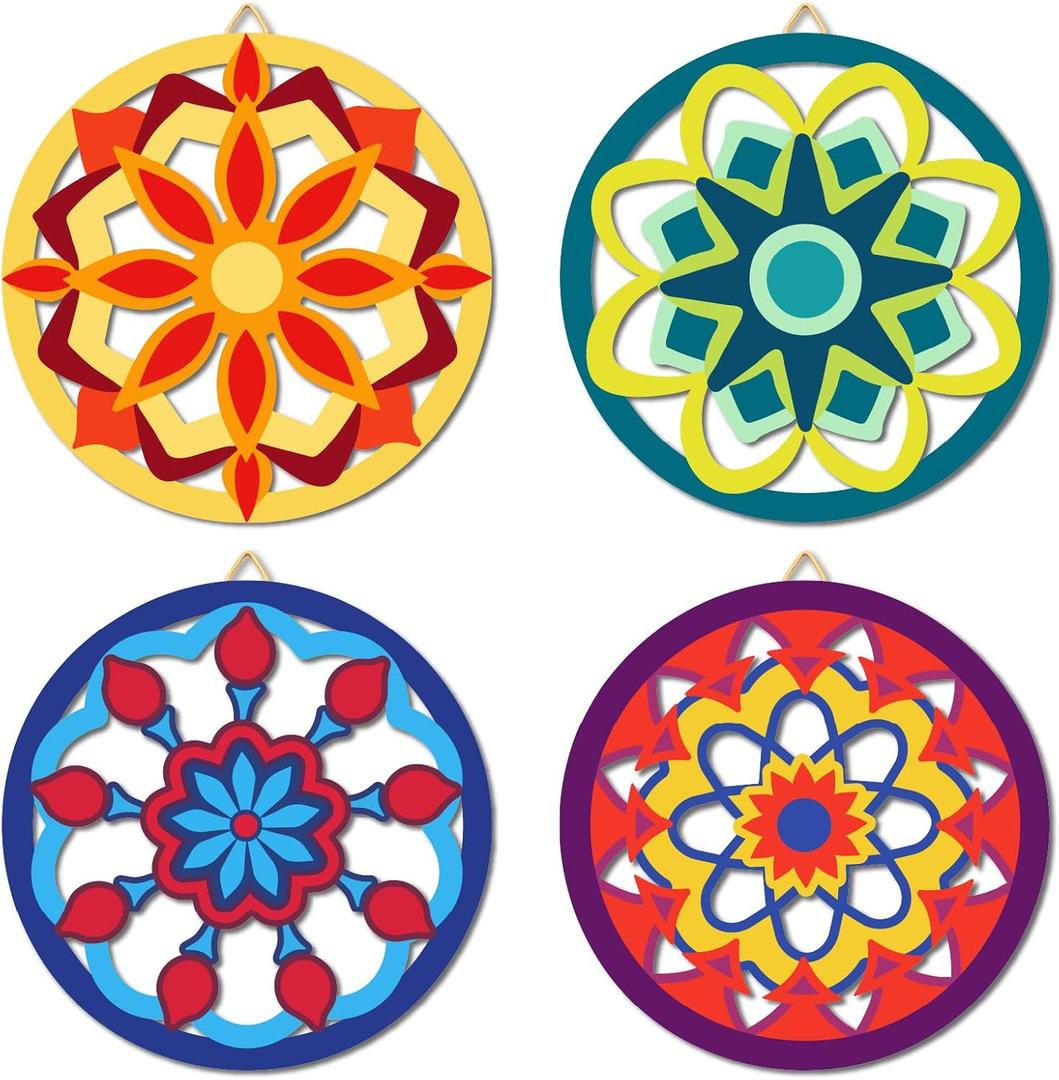 CREATCABIN 4Pcs Mandala Wood Wall Art Flower Wooden Wall Decor 10Inch Round Moroccan Talavera Sacred Geometric Spiritual Laser Cut Hollow Hanging Sign Decor for Spa Yoga Meditation Zen Room Decoration