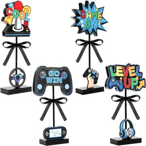 4 Pcs Video Game Wooden Table Decor Level Up Wood Block Sign Set Gaming Pixelated Centerpieces Game On Controllers Wooden Tabletop Sign Video Games Tiered Decor for Home Farmhouse Kitchen Office