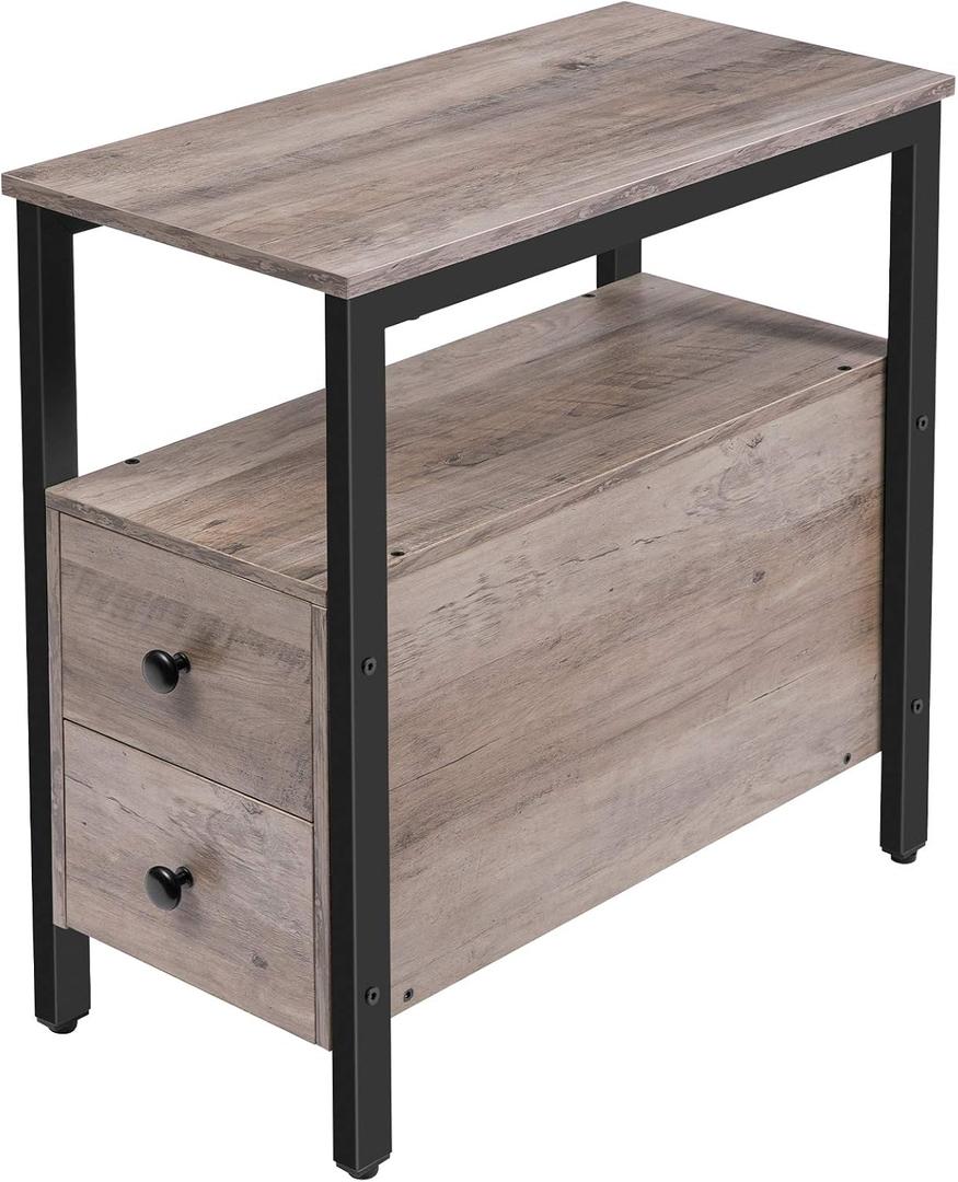 HOOBRO End Table, Narrow Chairside Table with Drawer and Open Storage Shelf, Nightstand for Small Spaces, Stable and Sturdy Construction, Wooden Look Accent Furniture, Greige and Black BG548BZ01G3, 18.9"D x 11.8"W x 24"H