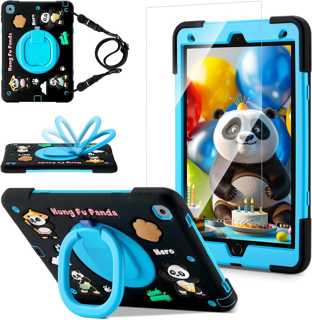 Case for iPad 9th/8th/7th Generation,Cute 3D Cool Panda Warrior Design Cover with Screen Protector, Rugged Protective Cartoon Case with Stand/Strap/Pen Slot for iPad 10.2 Kids Teens (Black+Blue)