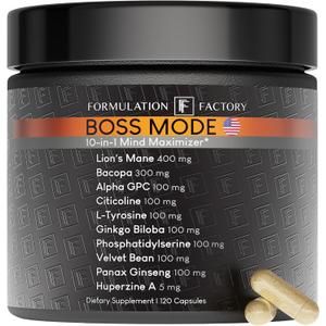 Boss Mode 10-in-1 Nootropic Cognitive Enhancement Supplement, Focus & Memory Booster, Featuring Lions Mane, Bacopa Monnieri, Alpha-GPC, Ginseng & More 120 Capsules (1 Pack)