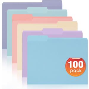 100 Packs File Folders Letter Size, 8.5 x 11 Colored File Folders 1/3 Cut Tab for Easy Labeling, for Home, Office, School Filing
