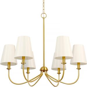 Gold Chandelier, Brushed Brass with Beige Fabric Shade, 6-Light 28" Modern Farmhouse Linear Pendant Lighting Fixture for Kitchen Island