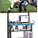 Outdoor TV Stand with Foldable Table, Tilt & Height Adjustable Rolling TV Cart for 32-75 inch TVs, Portable TV Stand on Wheels with 3 Storage Shelves, Hold up to 150 lbs, Black