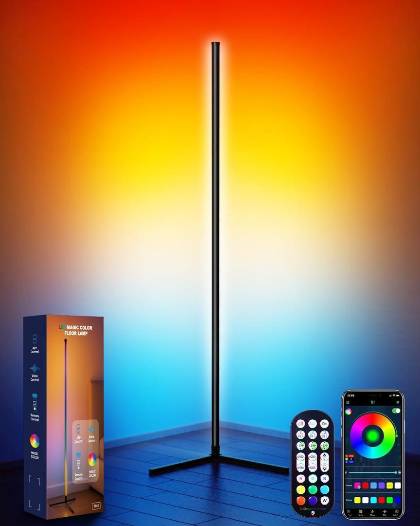 Smart RGB Corner Floor Lamp, APP & Voice Control, 16 Million Color Changing LED Light with Remote, Dimmable Ambient Lighting for Bedroom, Living Room, Game Room