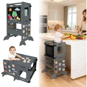 Toddler Tower Foldable, Animal Magnets Learning Kids Kitchen Step Stool, 4-in-1 Toddler Standing Tower with Blackboard, Anti-Tip Safety Feet, Foldable Wooden Helper for Ages 14 (CPC Certified) (Gray)