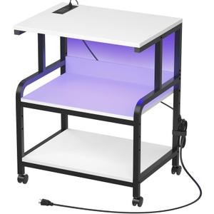 Homieasy Printer Stand, 23.6 x18.9 x 30 Inches Big Size Printer Table with Charging Station and Led Lights, 3 Tier Rolling Printer Cart with Adjustable Storage Shelf, White