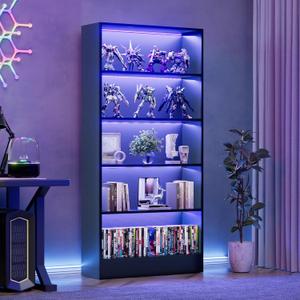 CODACE Tall Wooden 5-Tier Black Bookshelf - Display Cabinet with LED Lights, 5 Tiers - 10.2"D x 27.5"W x 65"H