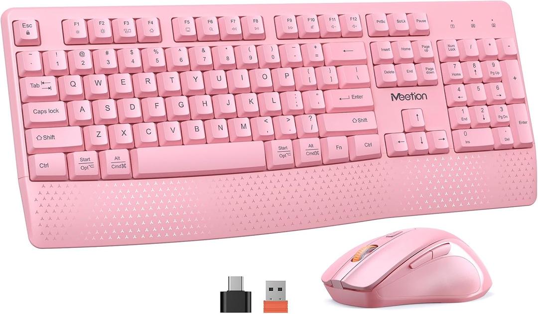 MEETION Wireless Keyboard and Mouse, Full-Sized Cordless Keyboard with Wrist Rest, 3 DPI Adjustable Mouse, Keyboard and Mouse Set with 2.4GHz USB Receiver, for PC/Computer/Laptop/Windows/Mac, Pink