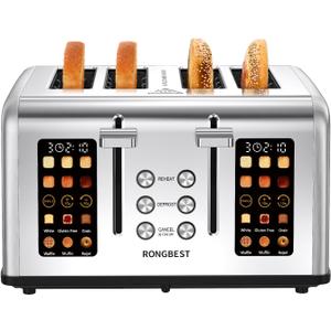4 Slice Touch Screen Toaster with Wide Slots Stainless Steel Digital Toasters for Family Breakfast, Even Toasting for Bagel & Bread, Reheat Defrost Cancel, Removable Crumb Tray, Silver