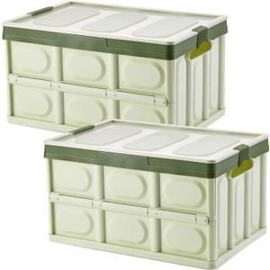 Lidded Storage Bins 2 Pack 30L Collapsible Storage Box Crates Plastic Tote Storage Box Container Stackable Folding Utility Crates for Clothes Books Snack Shoe Bag and Grocery Storage Bin-Green