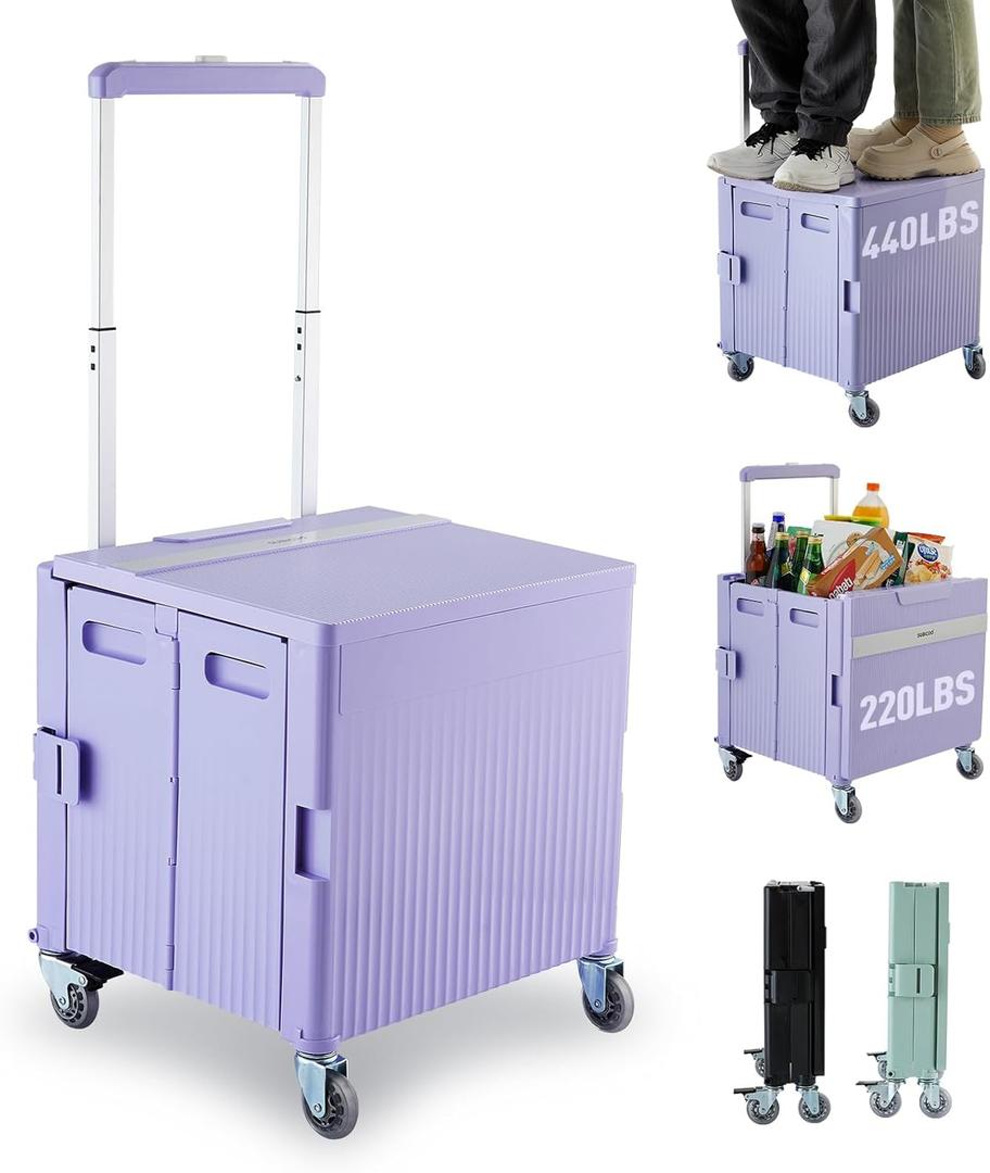 Folding Utility Cart Portable Rolling Crate Handcart Shopping Trolley Collapsible Tool Box, with Lid, on Rotate Wheels, for Grocery, Shopping, Office, Teacher, Camp,File (Purple)