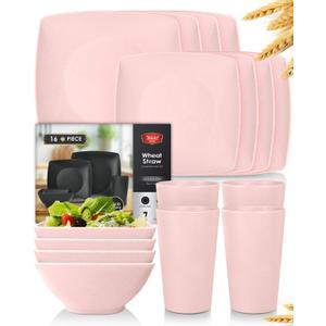 Teivio 16-piece Plastic Wheat Straw Square Dinnerware Set for 4, Unbreakable Dinner Plates, Salad Plates, Snack Bowls, Tumblers 20 oz, Dishwasher Safe, Pink