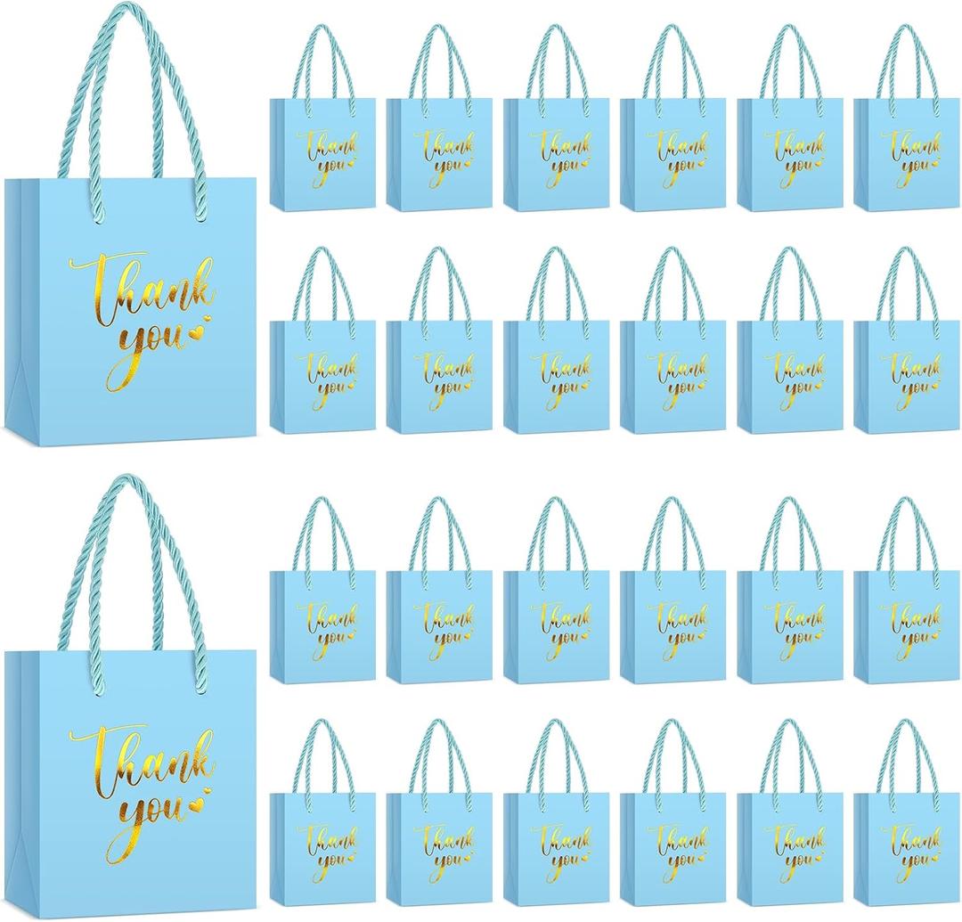 Honoson 30 Pcs Mini Gift Bag with Handle 4 x 2.75 x 4.5'' Small Thank You Paper Bag for Wedding Baby Shower Birthday Graduation Thanksgiving Party Favor Supplies(Light Blue/Gold)