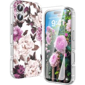 MILPROX Compatible with iPhone 17 Flowers Case 6.3 inch, Cute Pretty Floral Pattern Clear Girly Design for Women Girls, Elegant Aesthetic Classy Shockproof Hard Back Cover - Rose