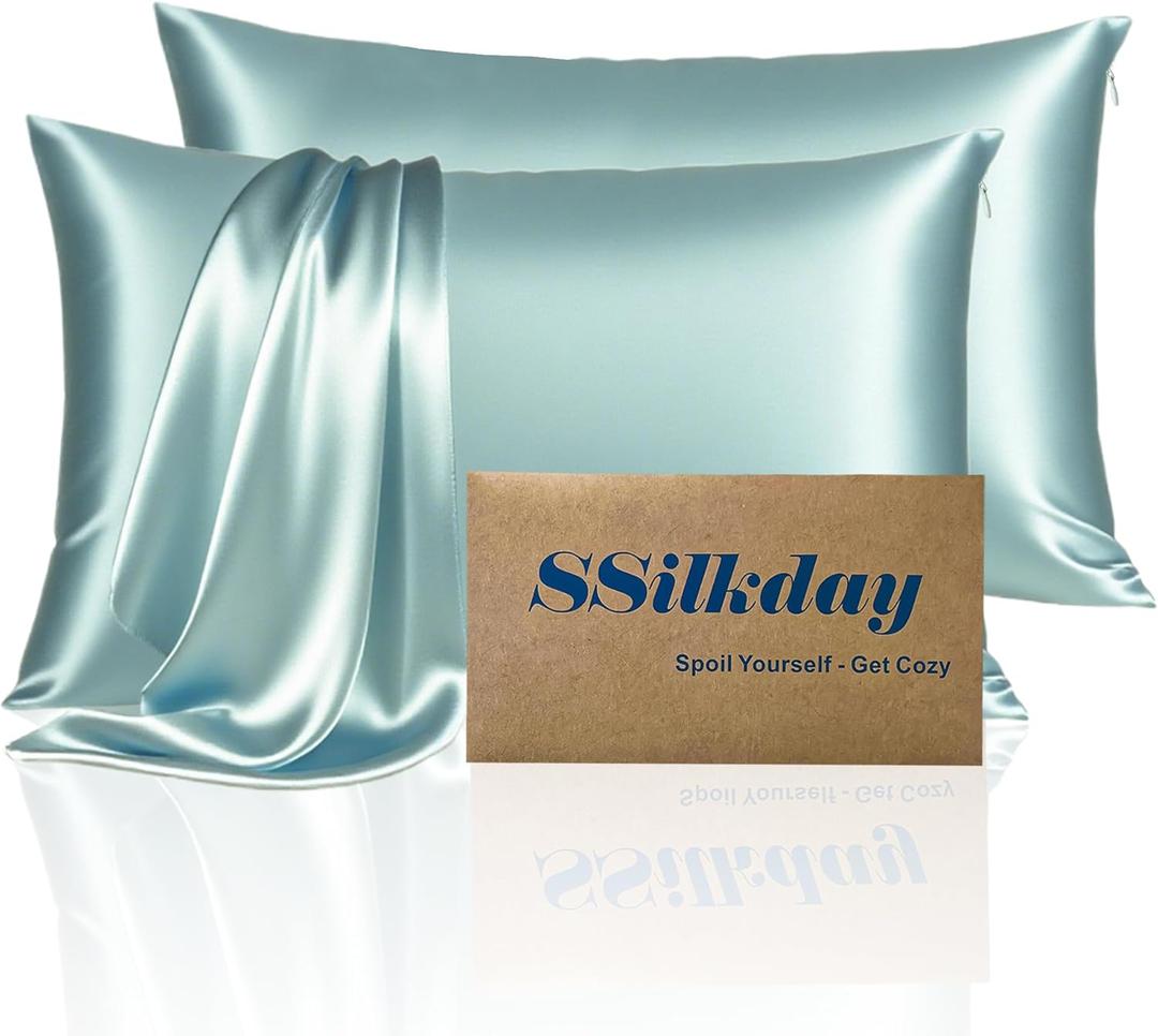 Mulberry Silk Pillow Cases 2 Pack Standard Size with Zipper, Ultra Smooth Soft Breathable Cooling Pillow Cases for Hot Sleepers, Silk Satin Pillowcase for Hair and Skin Set of 2, Gifts for Women (Haze Blue-2pcs)